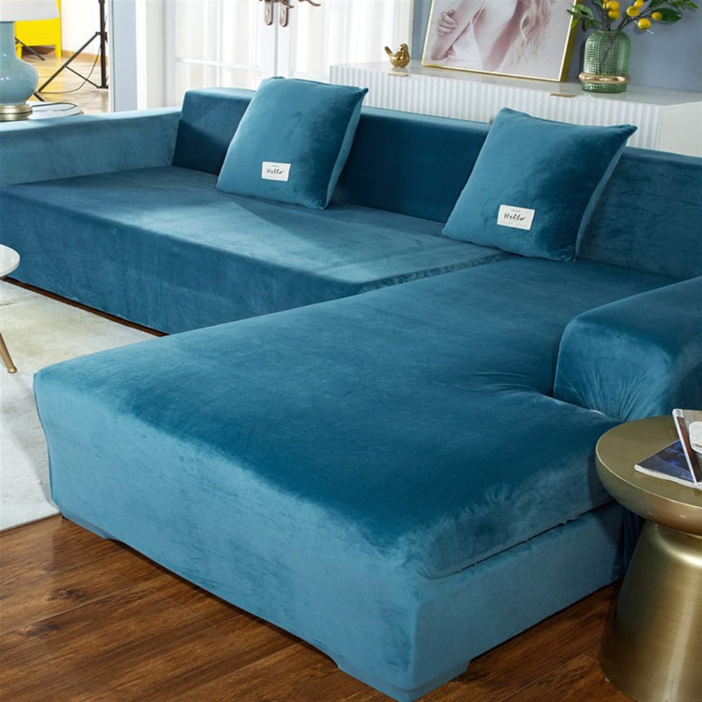 MIPOPS Velvet Sofa Cover Thick Elastic Couch Cushion for Living Room Sofa Cover Sofa Cover Armchair Cover L-Shaped Chaise Seat Cover(Lake Blue,Pillowcase - 1PCS)
