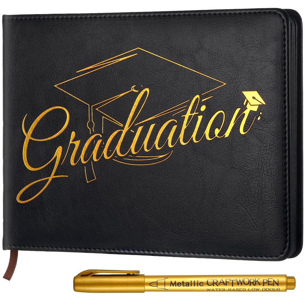 Frienda 2026 Graduation Guest Book Leather Guest Sign in Book with Pen Graduation Party Favors Congratulation Graduates Signature Books(Graduations,Black, Gold)