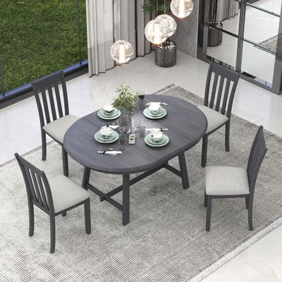 VilroCaz Solid Wood 5 Piece Kitchen Dining Room Table Set, Expandable Round Dining Table Set for 4, Home Family Breakfast Set with 4 Upholstered Dining Chairs, Small Space Solutions (Gray-56)