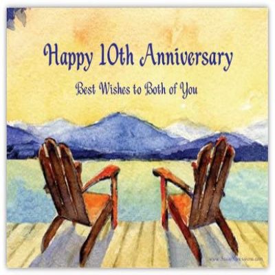 Happy 10th Anniversary Magnetic Greeting Card  Adirondack Chairs Design  5.5 x 4.25 inch Flexible Fridge Magnet with Self-Seal Envelope  SassyXpressions