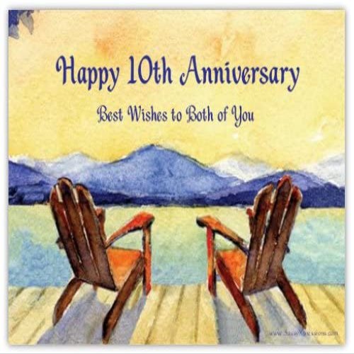 Happy 10th Anniversary Magnetic Greeting Card  Adirondack Chairs Design  5.5 x 4.25 inch Flexible Fridge Magnet with Self-Seal Envelope  SassyXpressions