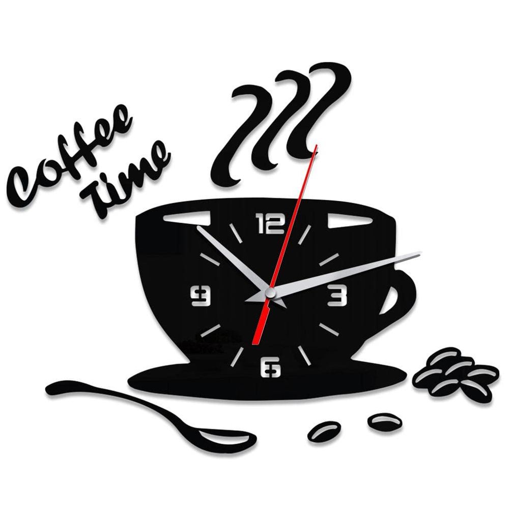 Aqur2020 Acrylic Wall Clock, DIY Coffee Cup Shape, Modern Mute, Black, 13.77x11.81 Inch, for Office Home Bedroom Kitchen