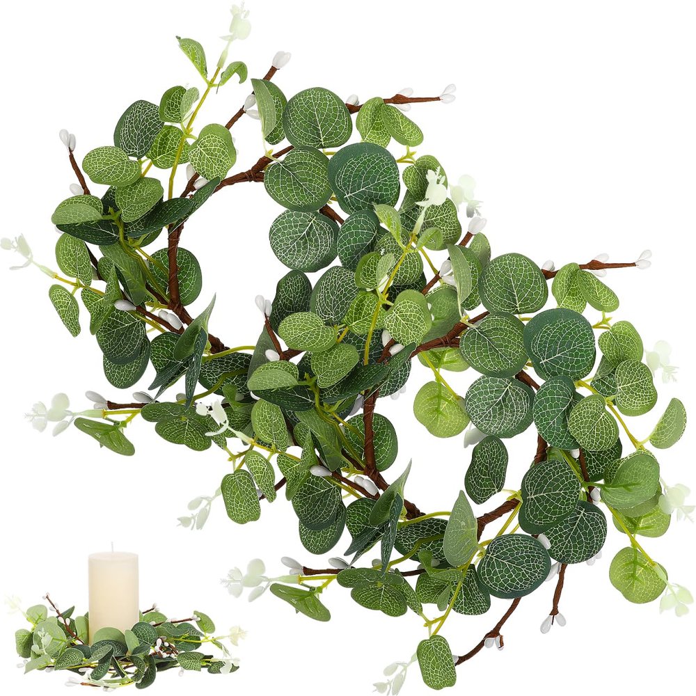 2Pcs Eucalyptus Wreath, 15x15cm Farmhouse Candle Holder Candle Ring Artificial Eucalyptus Garlands Small Spring Summer Wreath for Easter, Window, Home Decorations