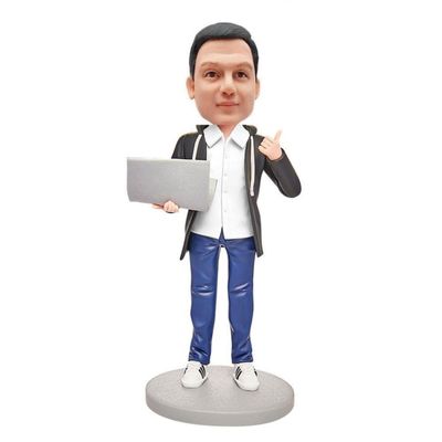 Custom Software Engineer Bobblehead - Personalized Tech Figurine for Men, Made from Your Photo, Coder with Computer, Handmade Clay Gift for Fathers Day Office Home Decor Collectible