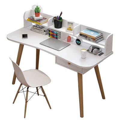 SUNESA PC Desk White Modern Minimalist Desk with Wood Leg Desktop PC Laptop Desk with Storage Rack Home Bedroom Furniture Dormitory Student Writing Desk Office Desks