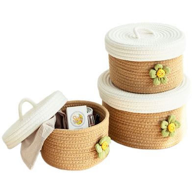 Round Storage Basket with Lid/Hand-Woven Storage Bucket/Cotton Rope Storage Box for Storing Snacks Cosmetics Plants, Daisy Decoration Basket,Set of 3 (9.4 "x6.3"/8.3 "x5.1"/7.1 "x3.5") - White/Khaki