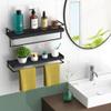 Meangood Floating Shelves Wall Mounted Set of 2, Wall Shelf with Towel Bar Rustic Wood Wall Storage Shelves for Bedroom,Living Room,Bathroom, Kitchen Black view 2