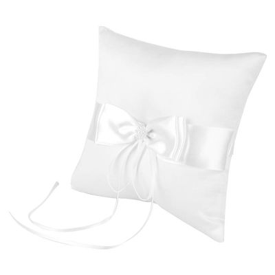 Miskall White Satin Bowknot Ring Bearer Holder Pillows with Simulation Pearl Wedding Ring Pillow Wedding Engagement Party Accessories (20 * 20CM)