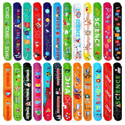 Marsui 48 Pcs Science Slap Bracelets Bulk Snap Bracelets for Science Party Favors Prizes Gifts Decorations Scientist Birthday Party Supplies, 24 Designs