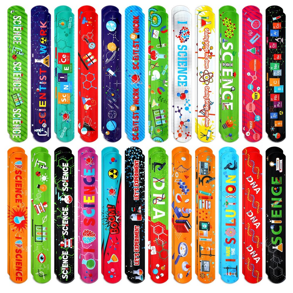 Marsui 48 Pcs Science Slap Bracelets Bulk Snap Bracelets for Science Party Favors Prizes Gifts Decorations Scientist Birthday Party Supplies, 24 Designs
