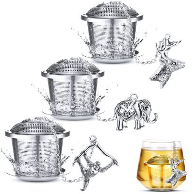 3 Sets Tea Infusers Steeper for Loose Leaf Tea Holder Stainless Steel Tea Ball Mesh Strainer Filters with Drip Trays and Pendant(Animal Style)