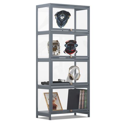 MoNiBloom 4-Tier Display Cabinet with Acrylic Doors - 55 Transparent Bamboo Display Case for Figures and Curio Collection, Floor Standing - Grey
