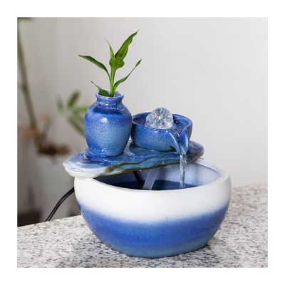HIHELO Indoor Tabletop Waterfall Fountain Indoor Tabletop Fountain Ceramic Tabletop Fountain for Indoor and Home Decoration, Blue and White Gradient Color Meditation Fountain