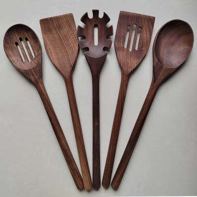 5PCS Black Walnut Kitchen Utensil Set Kitchen Cooking Set Wooden Spatula Wooden Spoon Cooking Set for Stirring Mixing Serving Wooden Spoons for Cooking 14" Wooden Utensils for Cooking,5pcs