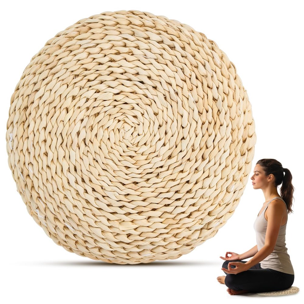 Levemolo Round Straw Weave Cushion 11.61 Inch Hand-Woven Yoga Seat Cushion for Meditation Floor Sitting Tatami Windowsill with Breathable Space Cotton Filling