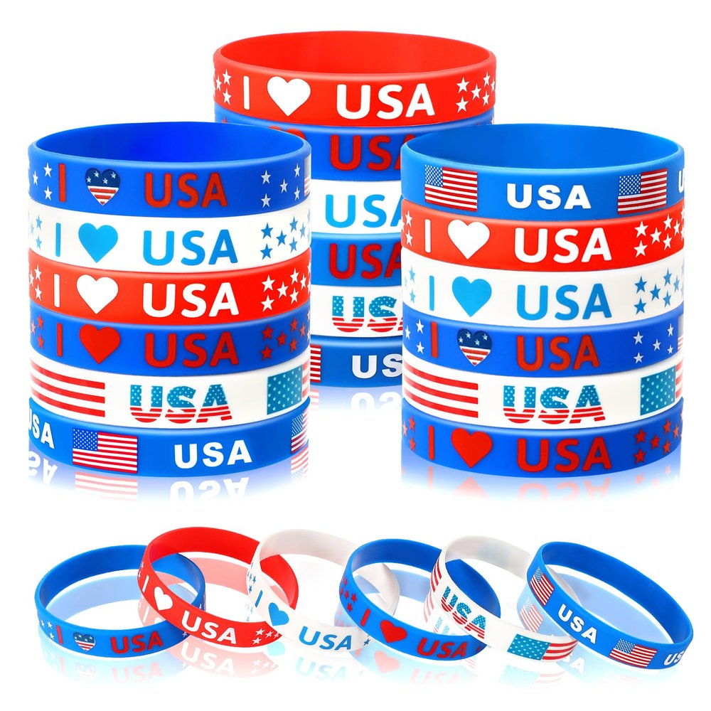 JUNEBRUSHS 42pcs 4th of July Party Favors Silicone Bracelets American Flag Red White and Blue Rubber Wristbands for Patriotic Independence Day Party Holiday Decorations Accessories Gift (6 Designs)