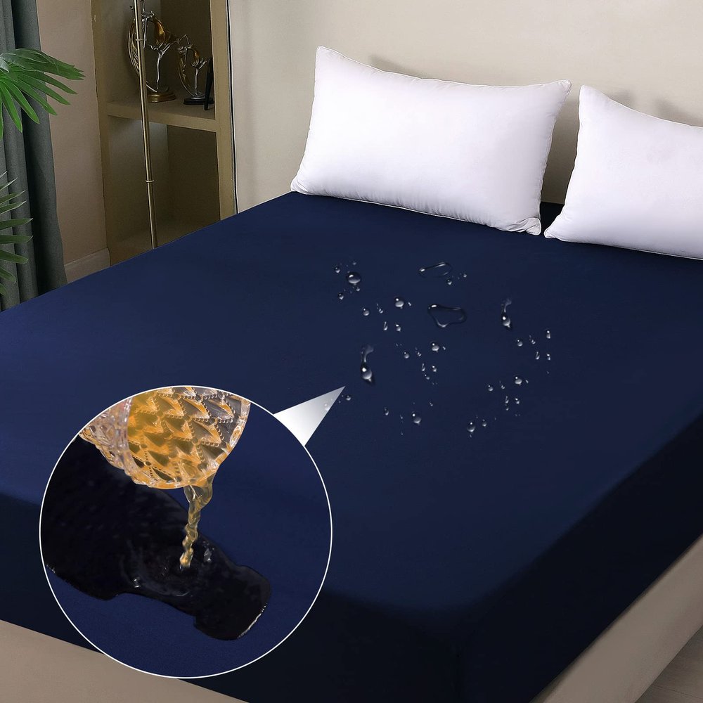 Waterproof Mattress Protector King, Fitted Sheet Style Breathable Mattress Cover with Deep Pocket Fits Up to 18'', Noiseless Bed Cover for Kids Adults Pets, Machine Washable (Navyblue, 76'' X 80'')