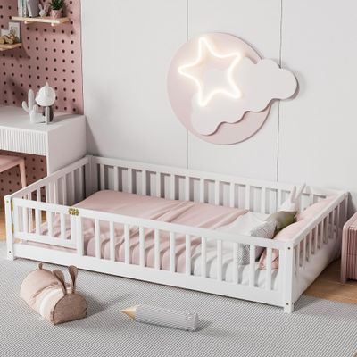 i-POOK Twin Floor Bed for Children, Sturdy Wood Montessori Bed Frame with Wood Slats, Fence & Door, Montessori Floor Bed for Girls and Boys, White