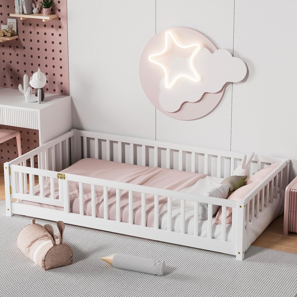 i-POOK Twin Floor Bed for Children, Sturdy Wood Montessori Bed Frame with Wood Slats, Fence & Door, Montessori Floor Bed for Girls and Boys, White