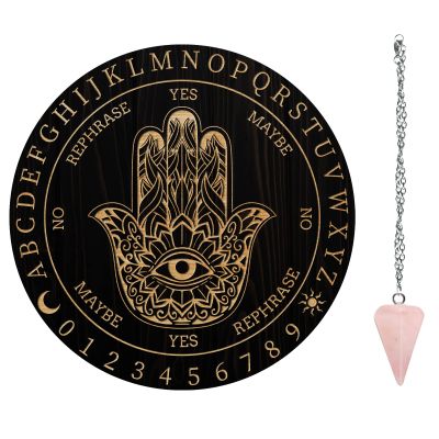 AHANDMAKER 7.8" Witch Pendulum Board, Wooden Dowsing Planchette with Rose Quartz Crystal Dowsing Pendulums Witchcraft Divination Tools for Spirit Altar Decoration - Hamsa