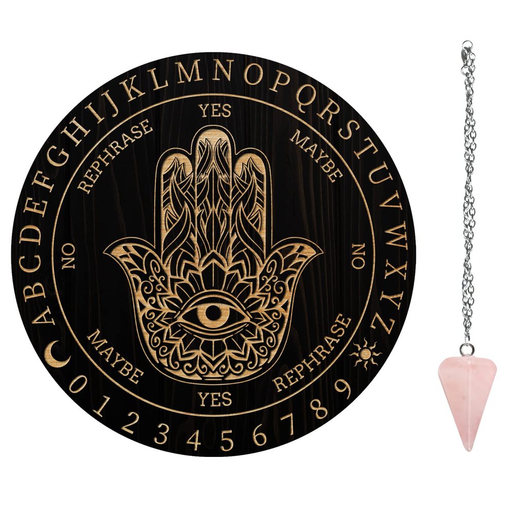 AHANDMAKER 7.8" Witch Pendulum Board, Wooden Dowsing Planchette with Rose Quartz Crystal Dowsing Pendulums Witchcraft Divination Tools for Spirit Altar Decoration - Hamsa