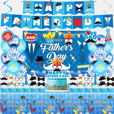 Happy Fathers Day Party Decorations, Happy Fathers Day Party Supplies Set Including Banner, Hanging Swirls, Latex Balloons, Cake Toppers, Tablecloth and Backdrop