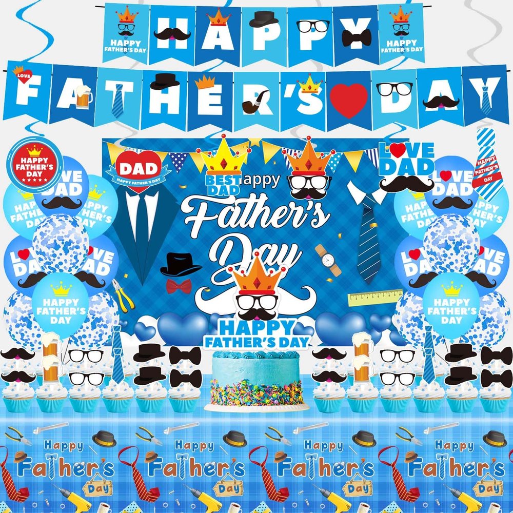 Happy Fathers Day Party Decorations, Happy Fathers Day Party Supplies Set Including Banner, Hanging Swirls, Latex Balloons, Cake Toppers, Tablecloth and Backdrop