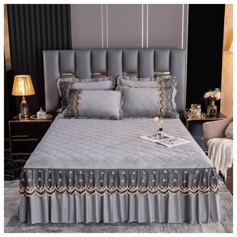 OTBK Quilted Bedspread Coverlet King Queen Twin Size Thicken Bed Skirt 3PCS Lace Bedroom Decoration Bed Cover with 2 Pillowcases(D,200x220cm)