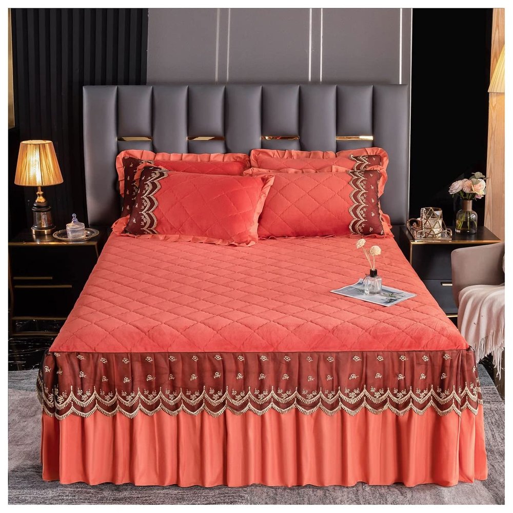 OTBK Quilted Bedspread Coverlet King Queen Twin Size Thicken Bed Skirt 3PCS Lace Bedroom Decoration Bed Cover with 2 Pillowcases(B,180x220cm)