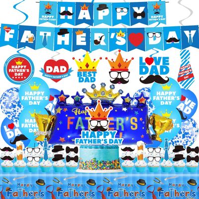 Happy Fathers Day Party Decorations, Happy Fathers Day Party Supplies Set Including Banner, Hanging Swirls, Foil Balloons, Latex Balloons, Cake Toppers and Tablecloth