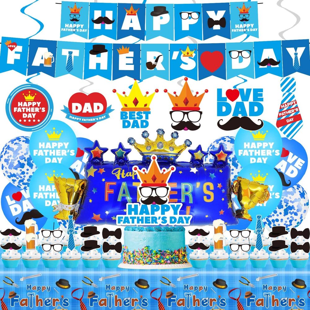 Happy Fathers Day Party Decorations, Happy Fathers Day Party Supplies Set Including Banner, Hanging Swirls, Foil Balloons, Latex Balloons, Cake Toppers and Tablecloth