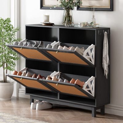 2 Tier Rattan Shoe Cabinet Shoe Rack, Modern 12 Pairs Shoe Storage Cabinets with 4 Rattan Decorated Flip Drawers Tipping Bucket Shoe Storage Organizer with Large Space for Entryway, Bedroom, Black