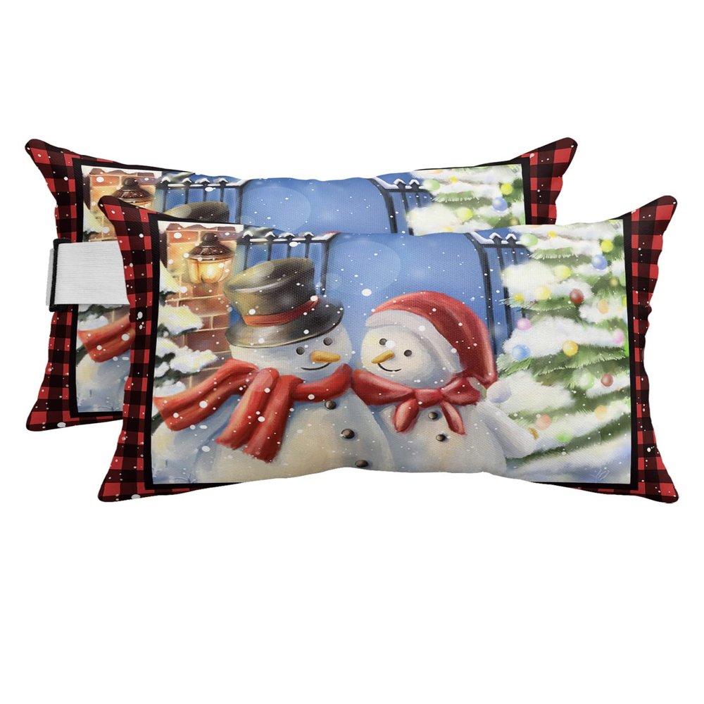 4 Packs Outdoor Chaise Longue Throw Pillow Covers Waterproof with Elastic Band,Christmas Snowman Beach Pool Lumbar Decorative Pillowcase Cushion Sham,Xmas Winter Snowy Tree Rustic Plaid Red 12x20
