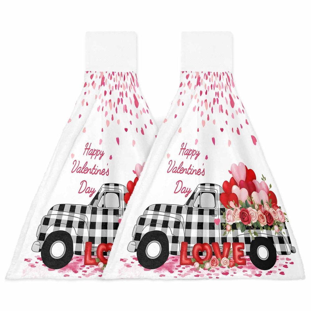 BOBOWUNY Valentines Red Pink Flower 2 Pcs Hanging Kitchen Hand Towels, Black Plaid Truck Love White Check Super Soft Microfiber Tie Towels Aborbent Washcloth for Bathroom Oven Tea Bar