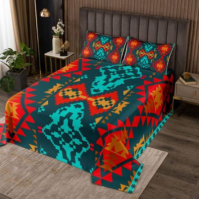 Erosebridal Western Decor,Vintage Exotic Indian Geometric Bedspread Boho Western Quilted King,Ethnic Tribal Arrow Coverlet Set Aztec Quilt Set,Rustic Home Decor Rustic Farmhouse Bedroom Red Blue