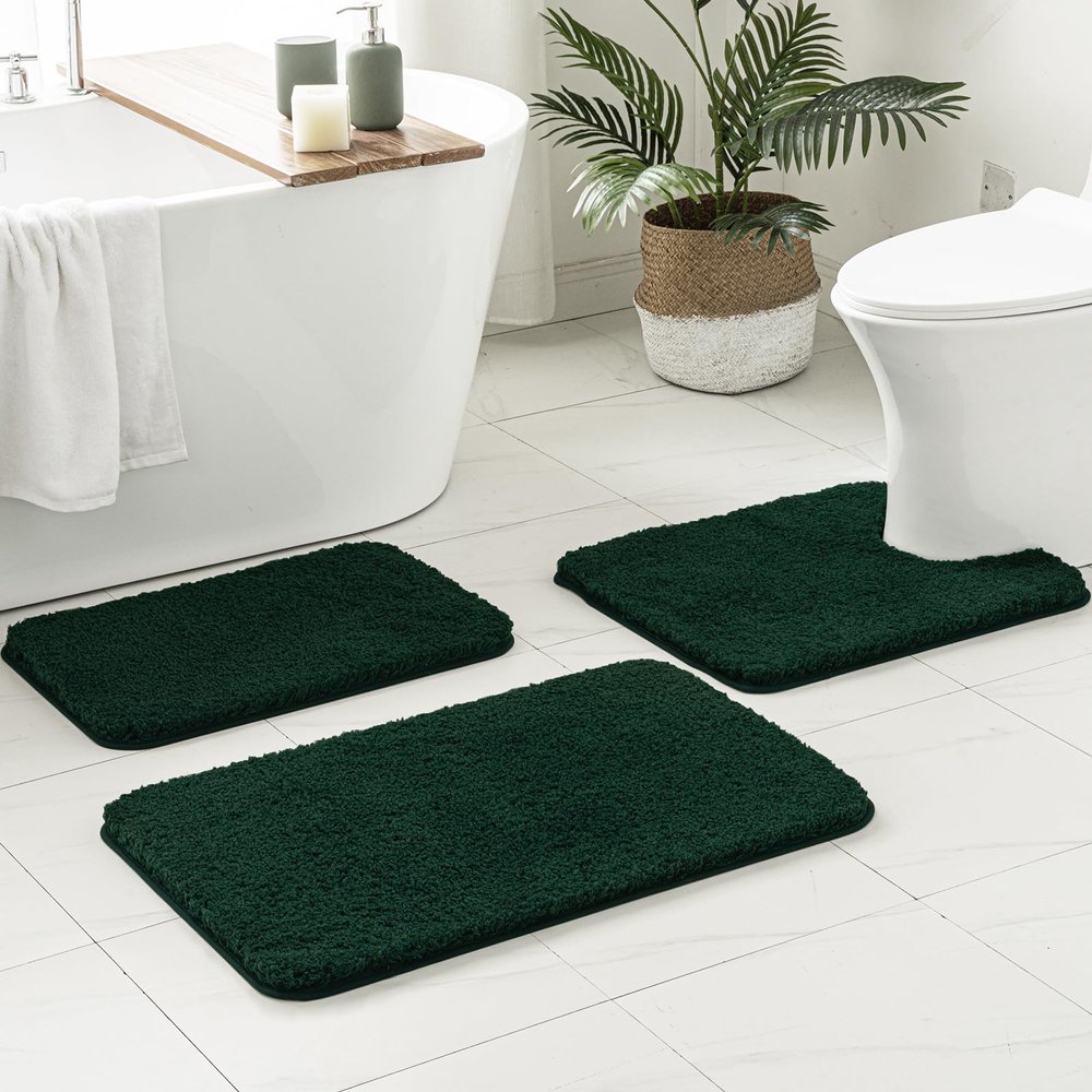 MIULEE Dark Green 3 Pieces Bathroom Rugs and Mats Sets Extra Thick Non Slip Microfiber Bath Mats and U-Shaped Contour Toilet Rug for Bath Room Floor Restroom, 20"x30"+16"x24"+20"x20"