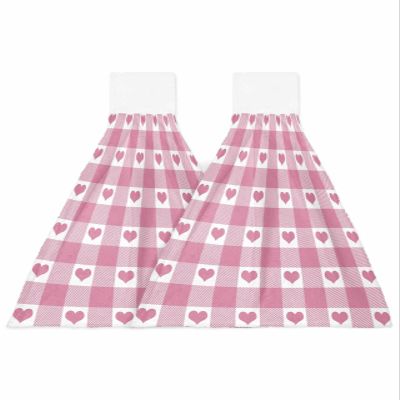 BOBOWUNY Valentines Day 2 Pcs Hanging Kitchen Hand Towels, Pink Valentine Plaid White Check Super Soft Microfiber Tie Towels Aborbent Washcloth for Bathroom Oven Tea Bar