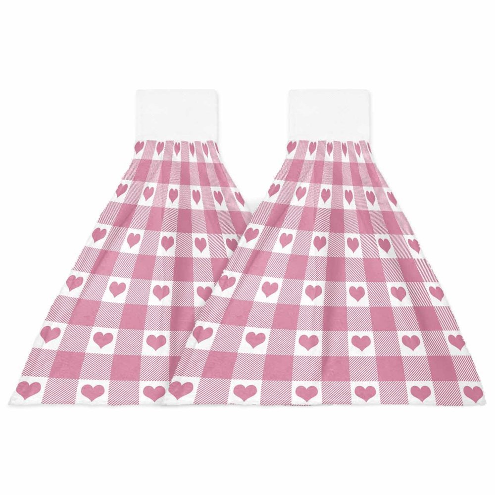 BOBOWUNY Valentines Day 2 Pcs Hanging Kitchen Hand Towels, Pink Valentine Plaid White Check Super Soft Microfiber Tie Towels Aborbent Washcloth for Bathroom Oven Tea Bar