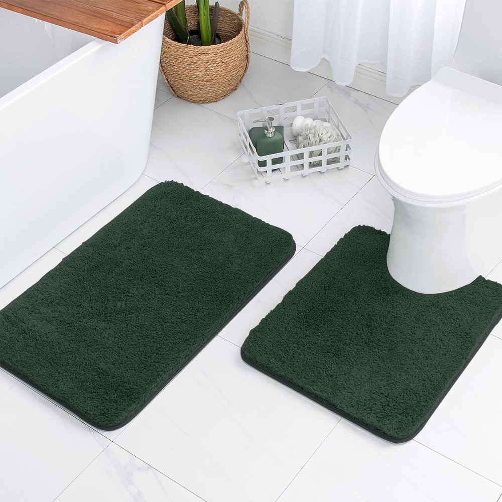 MIULEE Dark Green Bathroom Rugs Set 2 Piece, Soft Absorbent Microfiber Bath Mat and U-Shaped Contour Toilet Rug, Non Slip Quick Dry Washable Plush Shaggy Bath Rugs for Bathroom20"x30"+20"x24"