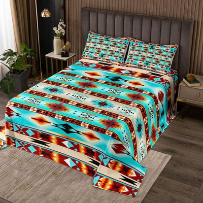 Erosebridal Western Decor,Vintage Exotic Indian Geometric Bedspread Boho Western Quilted King,Ethnic Tribal Arrow Coverlet Set Aztec Quilt Set,Rustic Home Decor Rustic Farmhouse Bedroom Teal Red