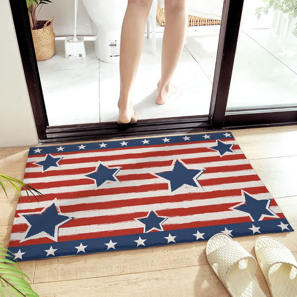 Edwiinsa American Flag Plush Rug Non Slip Bath Mat, Freedom Stripes Stars Patriotic Memorial Day Soft Shaggy Long Fur Fuzzy Bath Rugs 16" x 24", Carpet Mat for Bathroom Shower Home