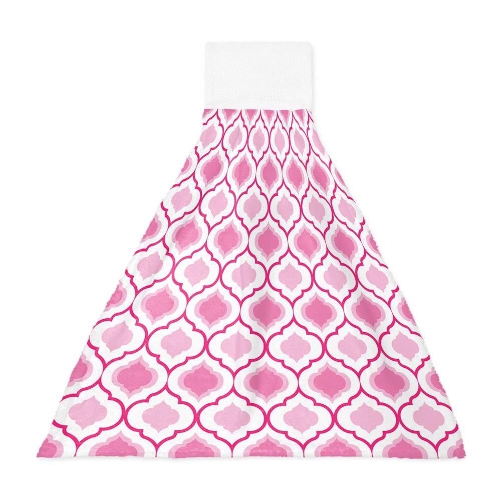 BOBOWUNY Morocco Pink 1 Pcs Hanging Kitchen Hand Towels, Pink Moroccan Geometric Plaid Super Soft Microfiber Tie Towels Aborbent Washcloth for Bathroom Oven Tea Bar