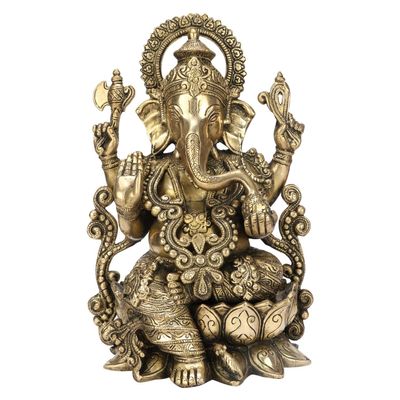 Liv Brass Lord Ganesha Statue 12.5 Inch Large  Handmade Solid Brass Ganesh Idol with Antique Finish, Hindu Elephant God Sculpture for Home Decor, Pooja Room, Office & Housewarming Gift