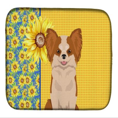 Caroline's Treasures WDK5353DDM Summer Sunflowers Longhaired Red and White Chihuahua Dish Drying Mat Absorbent Dish Drying Mat Pad for Kitchen Counter Dish Drainer Mat for Countertop, 14 x 21", Multic