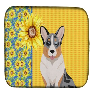 Caroline's Treasures WDK5493DDM Summer Sunflowers Blue Merle Cardigan Corgi Dish Drying Mat Absorbent Dish Drying Mat Pad for Kitchen Counter Dish Drainer Mat for Countertop, 14 x 21", Multicolor
