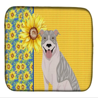 Caroline's Treasures WDK5317DDM Summer Sunflowers Blue Brindle Pit Bull Terrier Dish Drying Mat Absorbent Dish Drying Mat Pad for Kitchen Counter Dish Drainer Mat for Countertop, 14 x 21", Multicolor