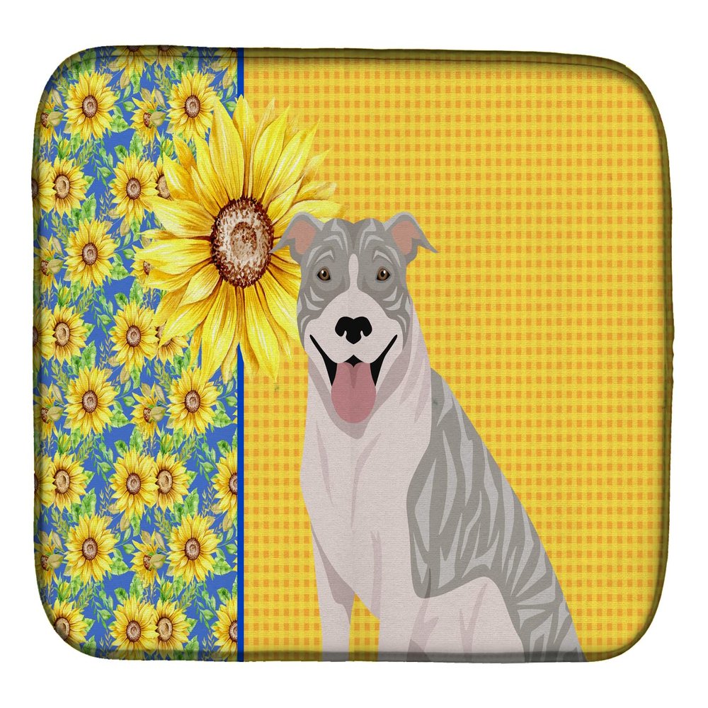 Caroline's Treasures WDK5317DDM Summer Sunflowers Blue Brindle Pit Bull Terrier Dish Drying Mat Absorbent Dish Drying Mat Pad for Kitchen Counter Dish Drainer Mat for Countertop, 14 x 21", Multicolor