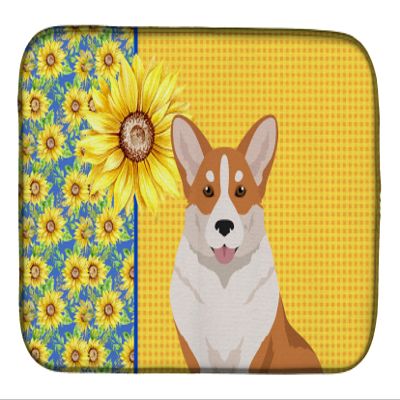 Caroline's Treasures WDK5496DDM Summer Sunflowers Red Cardigan Corgi Dish Drying Mat Absorbent Dish Drying Mat Pad for Kitchen Counter Dish Drainer Mat for Countertop, 14 x 21", Multicolor