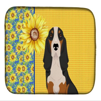 Caroline's Treasures WDK5324DDM Summer Sunflowers Black Tricolor Basset Hound Dish Drying Mat Absorbent Dish Drying Mat Pad for Kitchen Counter Dish Drainer Mat for Countertop, 14 x 21", Multicolor