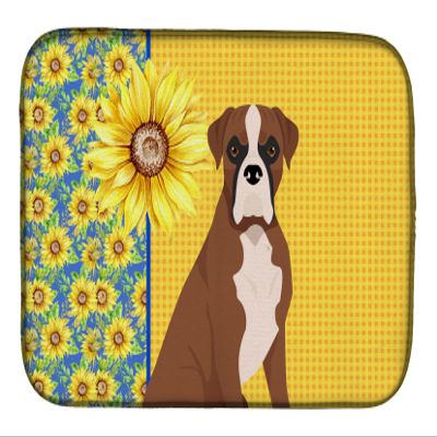 Caroline's Treasures WDK5339DDM Summer Sunflowers Natural Eared Red Fawn Boxer Dish Drying Mat Absorbent Dish Drying Mat Pad for Kitchen Counter Dish Drainer Mat for Countertop, 14 x 21", Multicolor